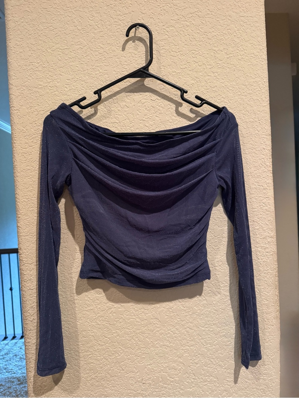 Glittery Off-Shoulder Long Sleeve Crop Top